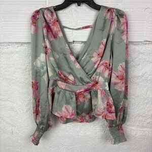 NWOT EXPRESS Floral spring Wrap Blouse tie back bow satin Green and Pink size XS